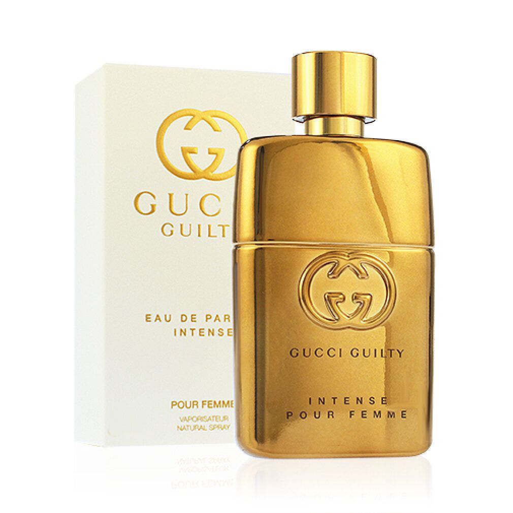 Gucci Guilty Intense Eau de Parfum per Donna e confezione. Flacone e scatola dorati. Logo visibile.
