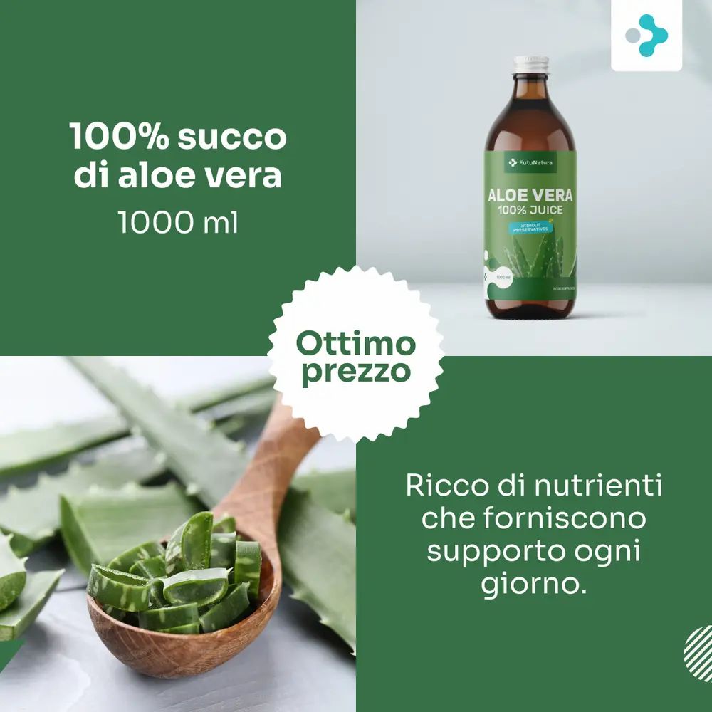 Bottiglia di vetro con etichetta. Testo: 100% succo di aloe vera, 1000 ml. Su sfondo verde. Ottimo prezzo. Foglie di aloe vera.