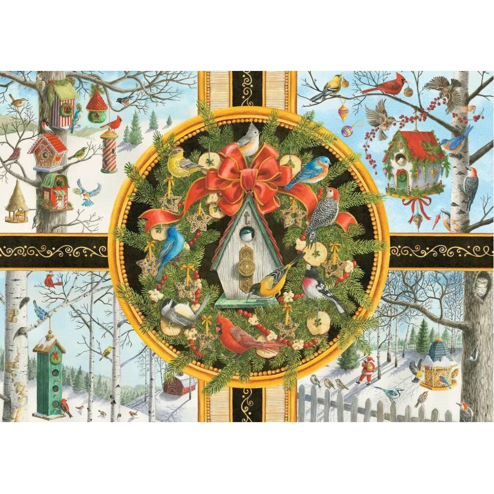 Puzzle con motivo di uccelli e paesaggio invernale. Una ghirlanda con uccelli e casette per uccelli. Elementi decorativi neri e oro.