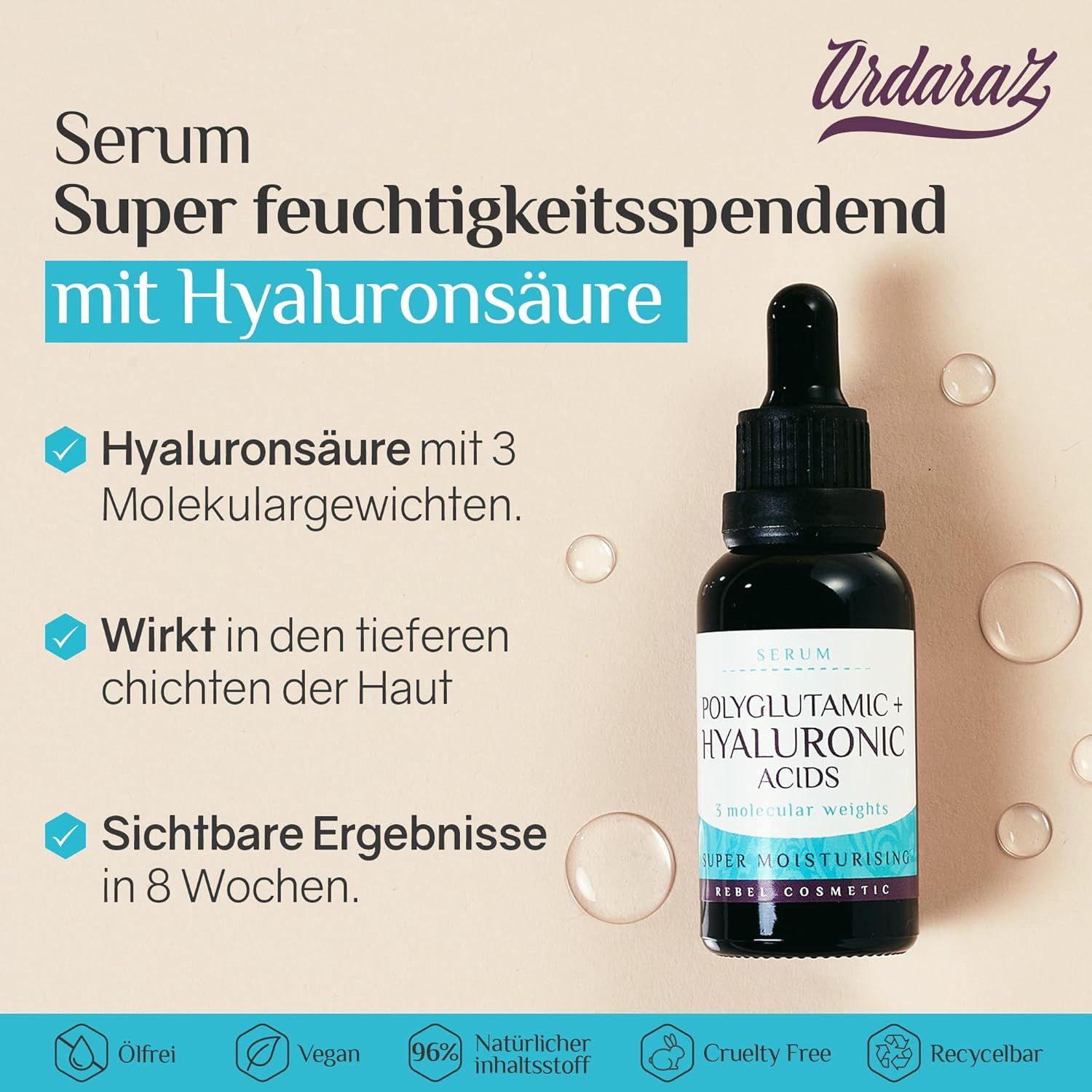 Flacone di siero con testo: Super idratante con acido ialuronico. Contiene acido ialuronico con 3 pesi molecolari. Vegano.