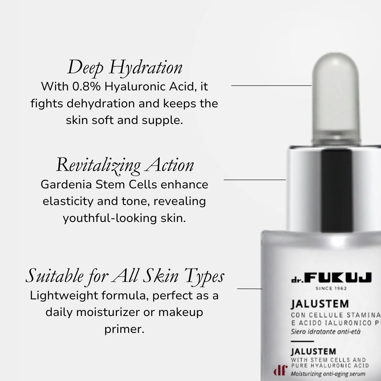 Primo piano del prodotto. Testo: Dr. Fukuj Jalustem, Siero Acido Ialuronico e Cellule Staminali di Gardenia. Descrizione ingredienti.