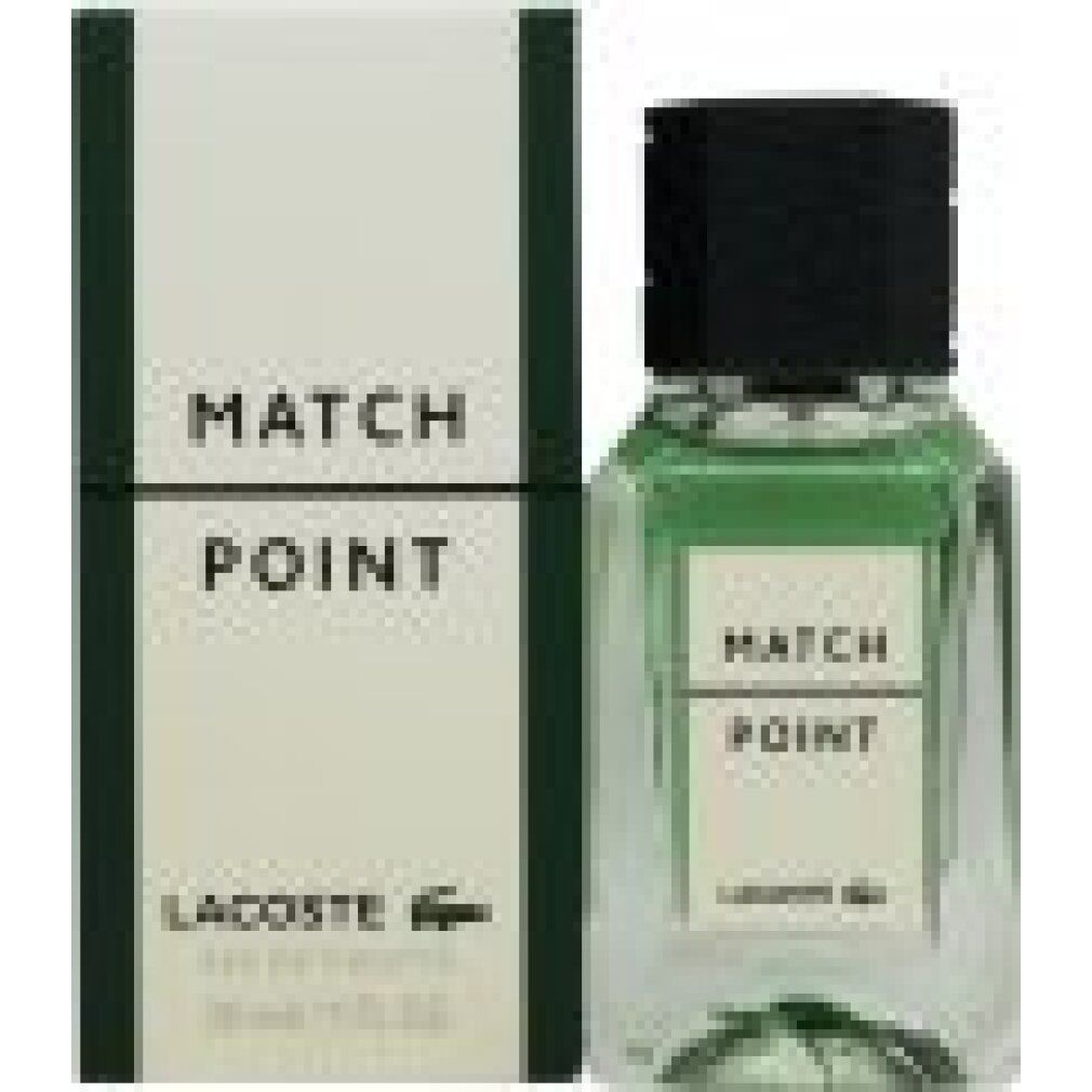 Spray Eau de Toilette e confezione. Scritta: MATCH POINT, LACOSTE. Flacone con tappo nero, liquido verde.
