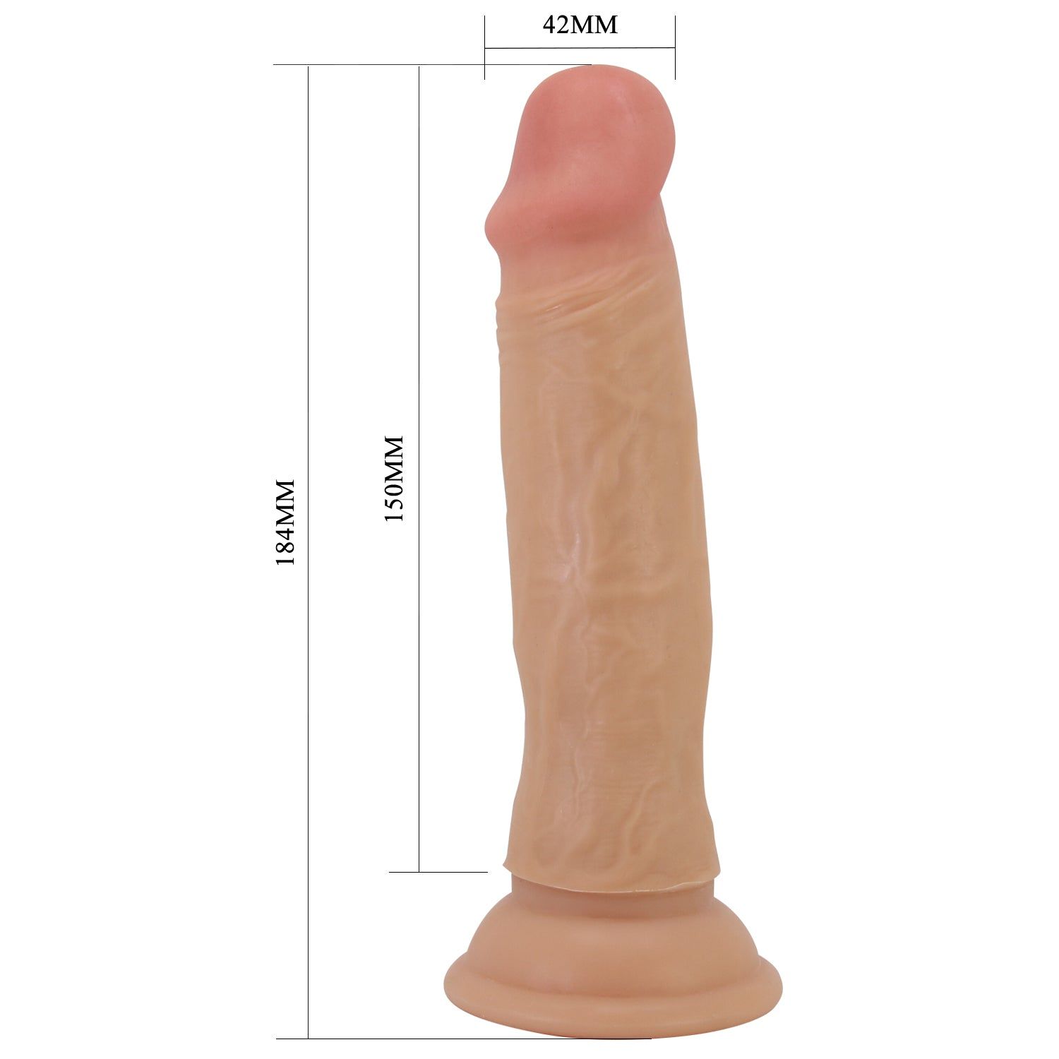Dildo beige con punta rosa. Dimensioni: 184mm lunghezza, 42mm diametro, 150mm fusto.
