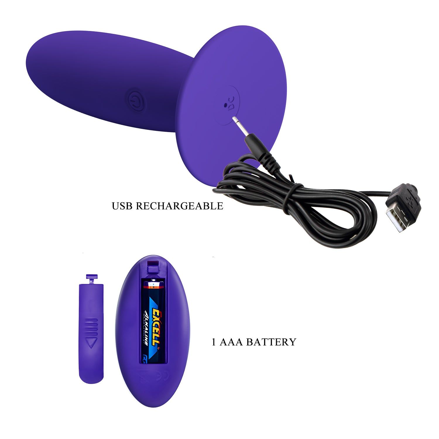 Plug anale viola con base e telecomando. Cavo di ricarica USB. Telecomando con 1 batteria AAA. Logo PRETTY LOVE.