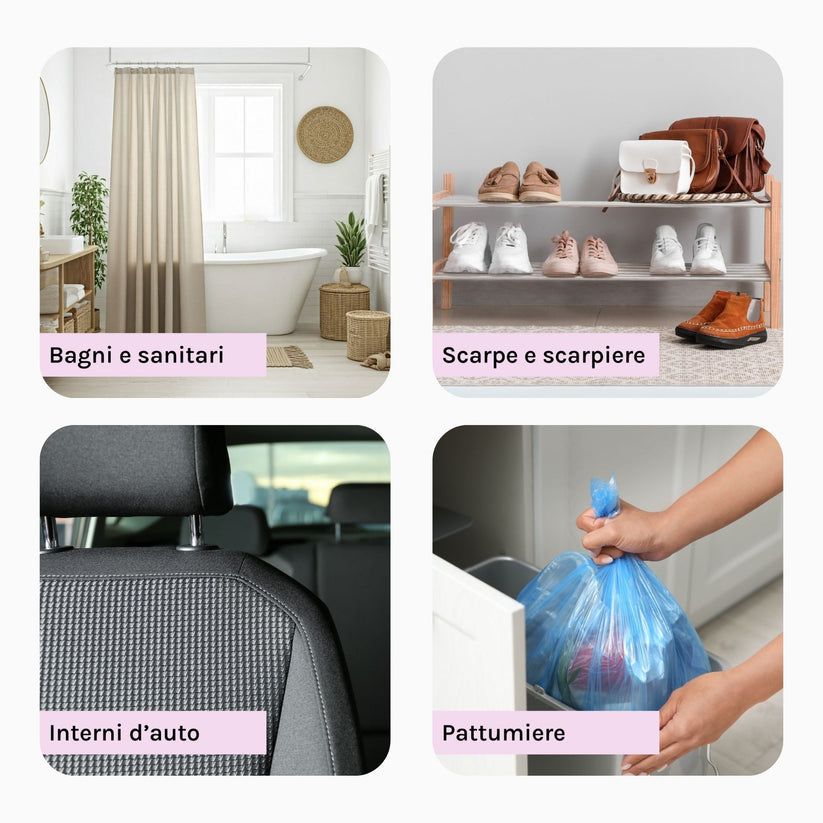 Quattro immagini quadrate. Scene: bagno, scarpe, auto, spazzatura. Testo: Bagni e sanitari, Scarpe e scarpiere, Interni d'auto, Pattumiere.