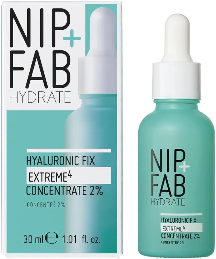 Confezione del prodotto. Flacone e scatola turchesi. Scritta: NIP+FAB HYDRATE HYALURONIC FIX EXTREME4 CONCENTRATE 2%.