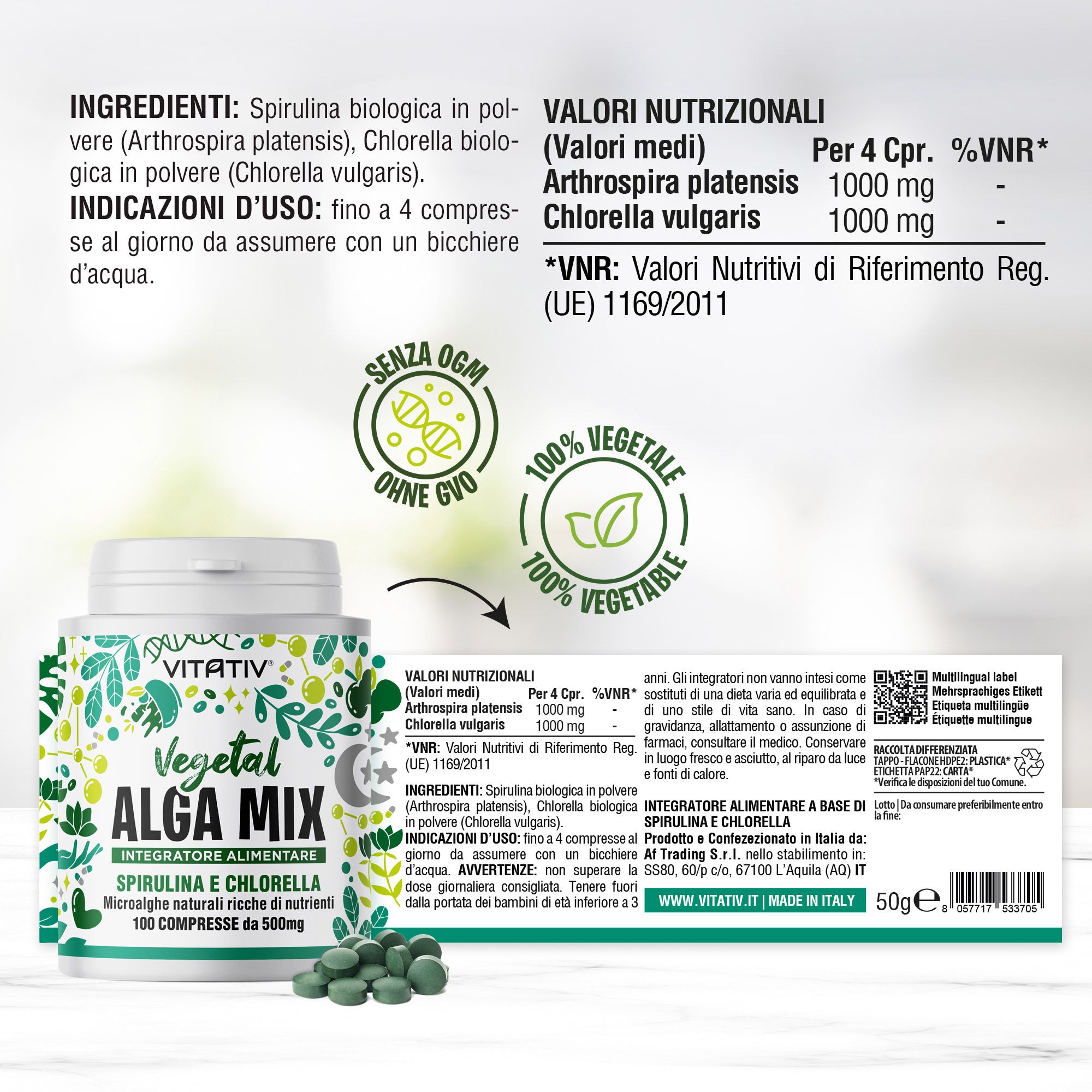 VITATIV® Alga Mix - Integratore a base di Spirulina e Chlorella - Compresse, Formula essenziale