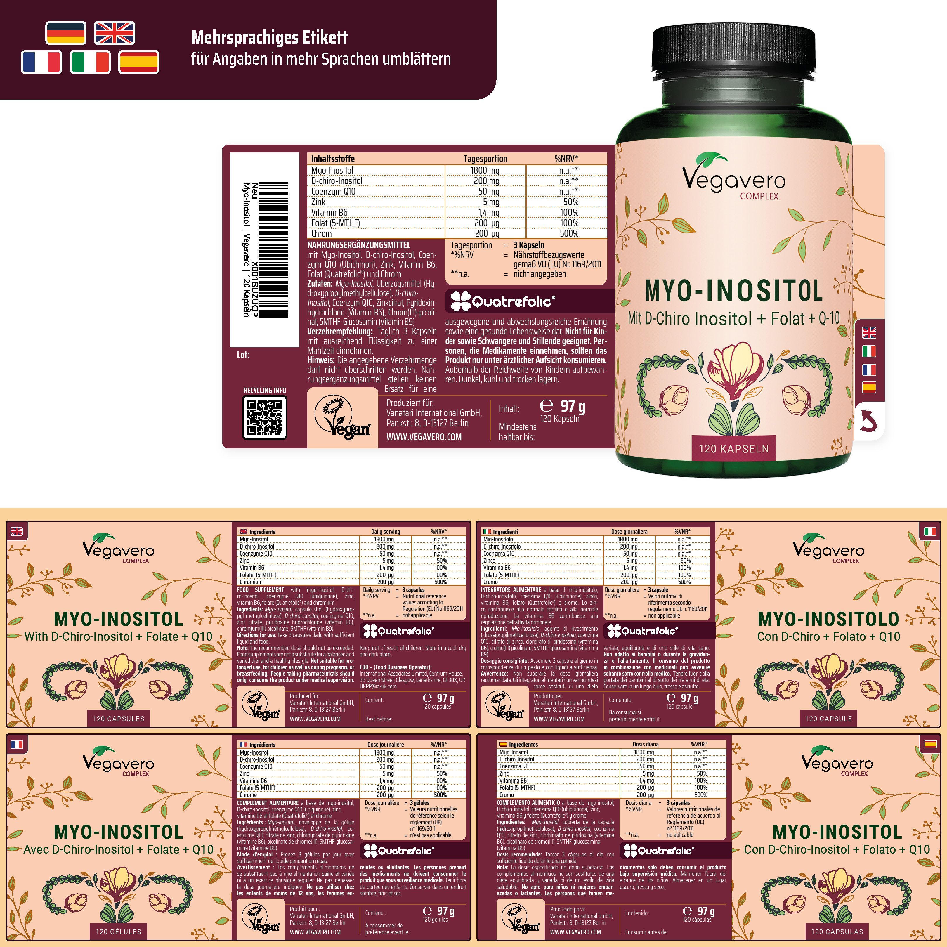 Confezione del prodotto con etichette multilingue. Flacone di capsule, scritta: MYO-INOSITOL, Vegavaro. 120 capsule.