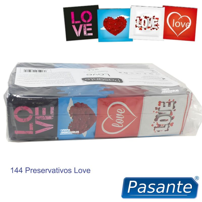 Confezione di preservativi. Singoli involucri con design « LOVE » e cuori. Scritta: 144 Preservativos Love. Logo: Pasante.