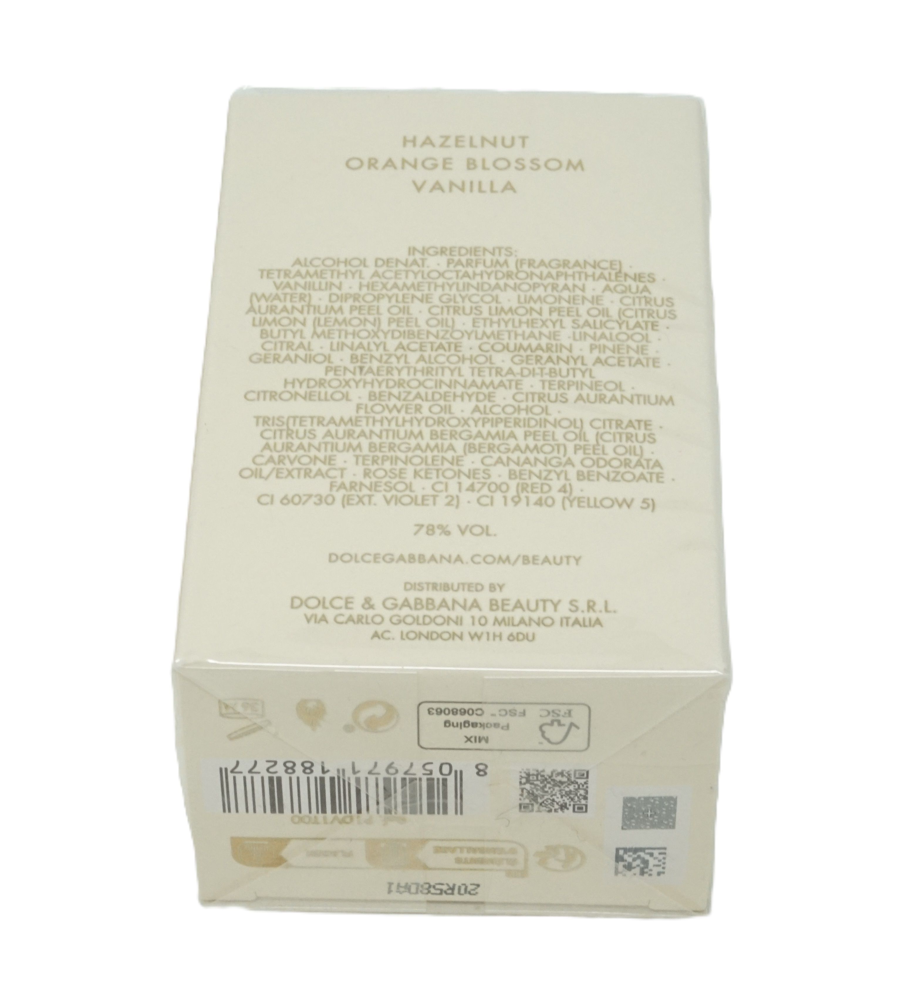 Confezione profumo. Scritte: Hazelnut, Orange Blossom, Vanilla. Ingredienti e informazioni. Dolce & Gabbana Beauty.