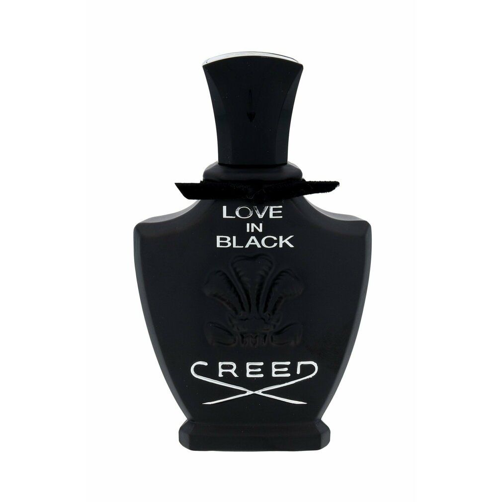 Flacone di profumo nero 'Love in Black' di Creed. Flacone con tappo nero e logo. Su sfondo bianco.