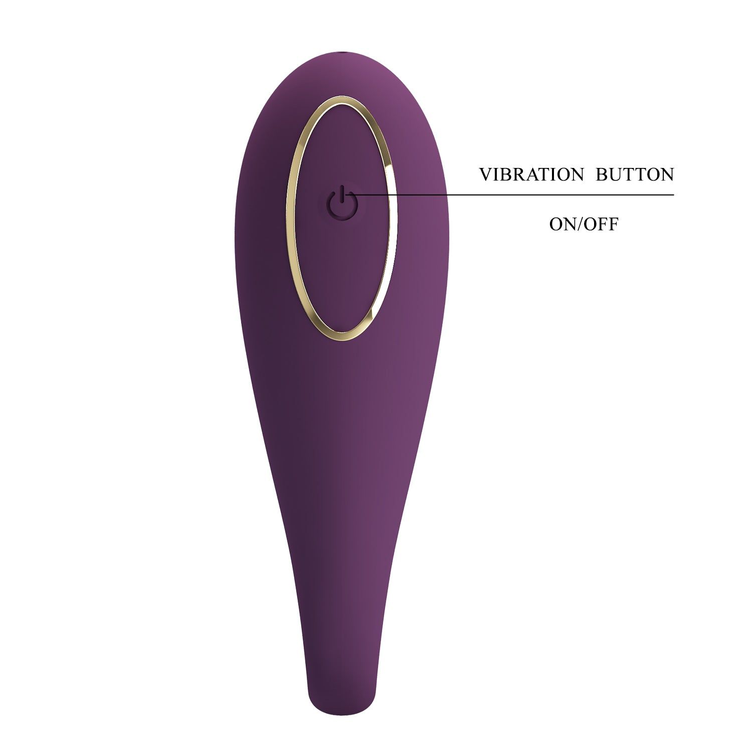 Vibratore viola, pulsante di controllo con bordo dorato. Etichetta: Vibration Button, ON/OFF.