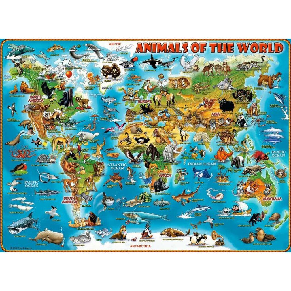 Puzzle Animals of the World. Forma rettangolare, mappa del mondo con animali. Colori: blu, giallo e marrone. Numerosi animali rappresentati.