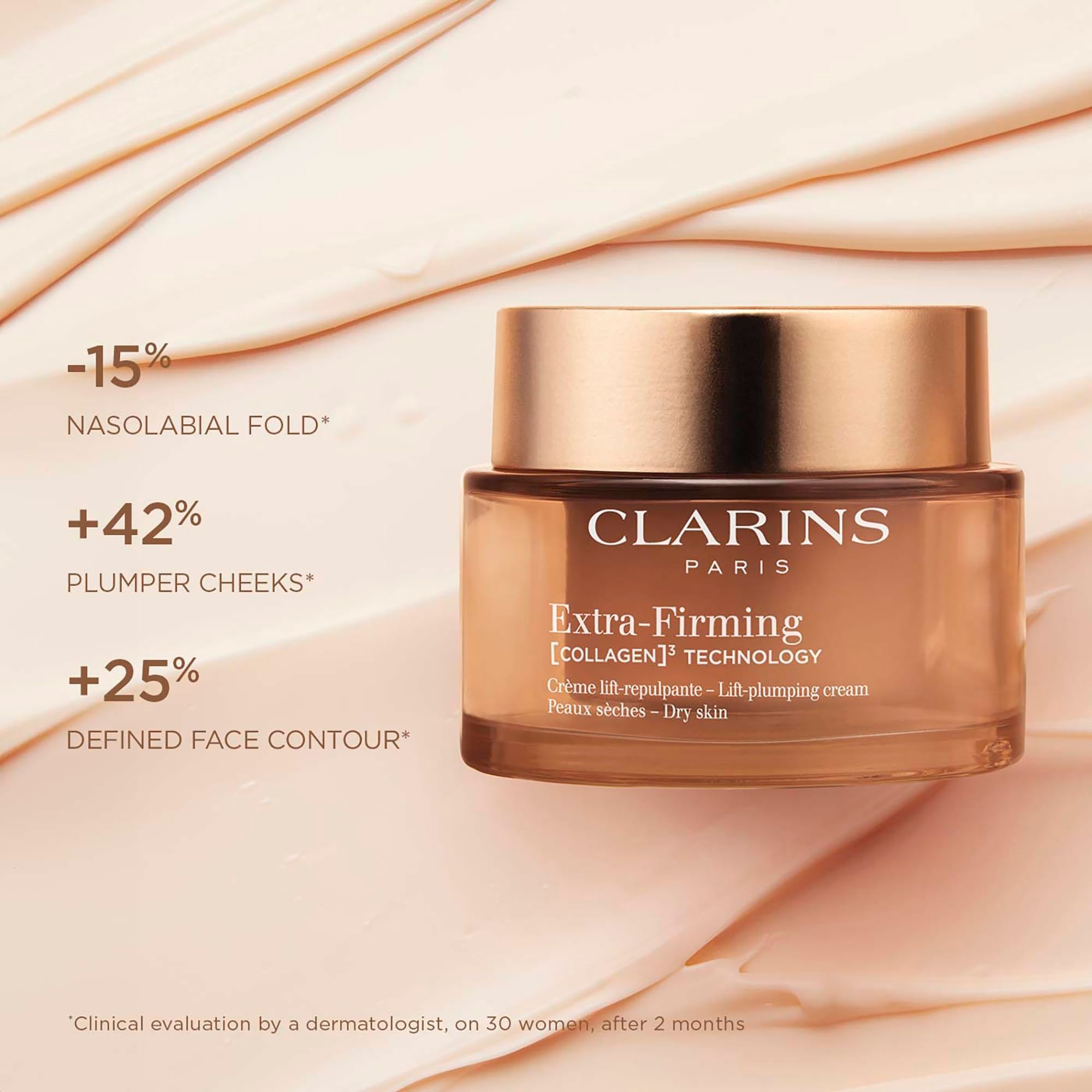 Vaso di vetro con coperchio dorato. Testo: CLARINS Extra-Firming [COLLAGEN]3 TECHNOLOGY.