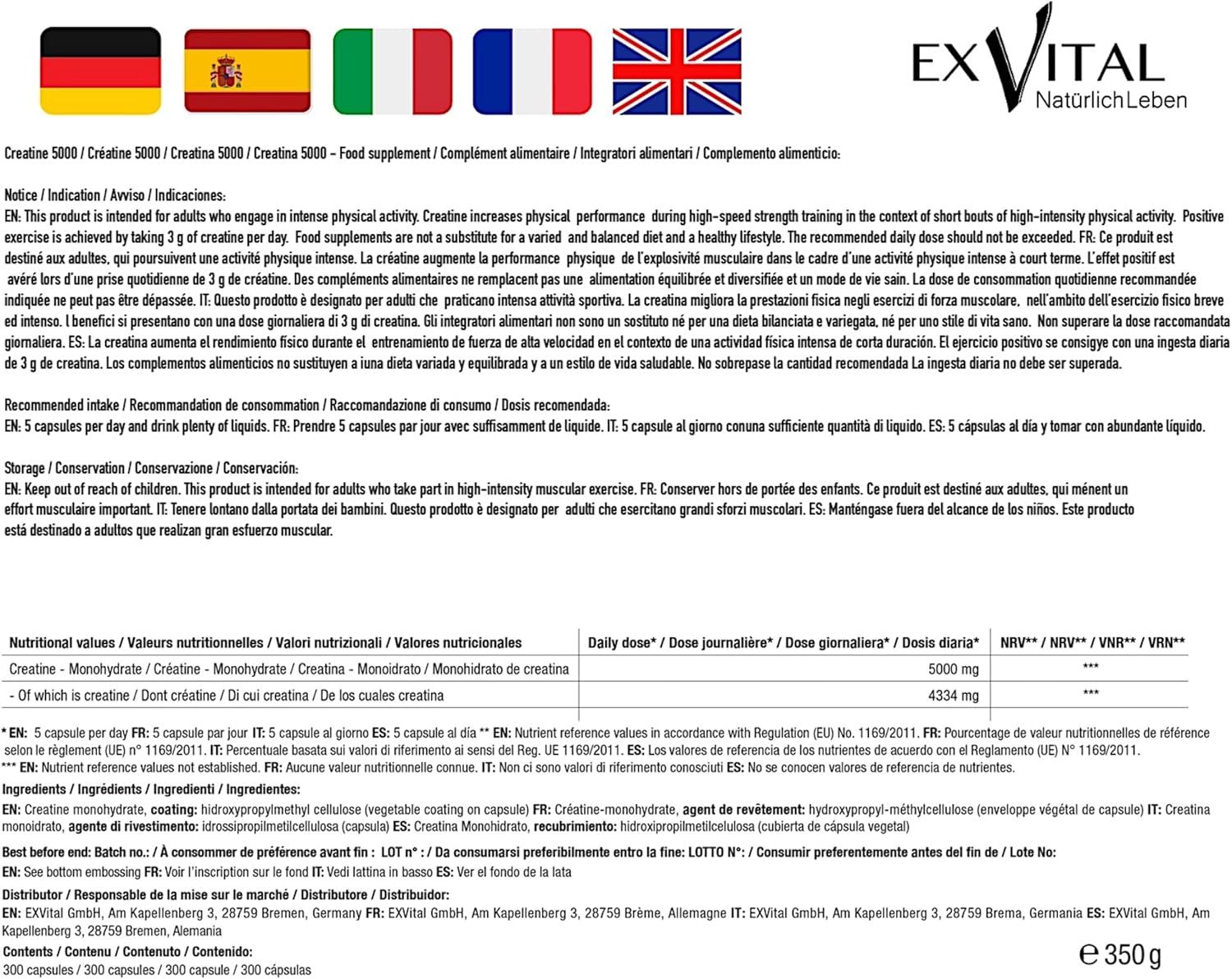 Contenitore EXVital Creatin 5000 Mega Caps con iscrizioni '100% Monoidrato', '200 Mesh', '300 Capsule'.