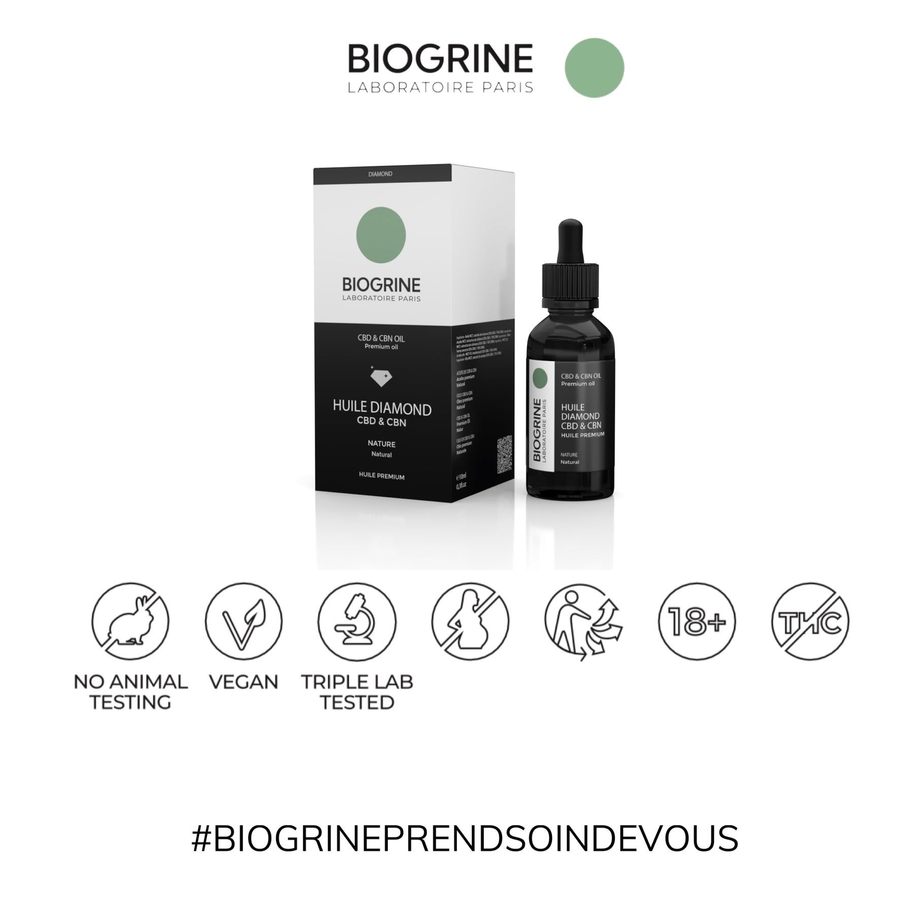 Flacone e confezione del prodotto. Loghi: No Animal Testing, Vegan, Triple Lab Tested, 18+, Senza THC.