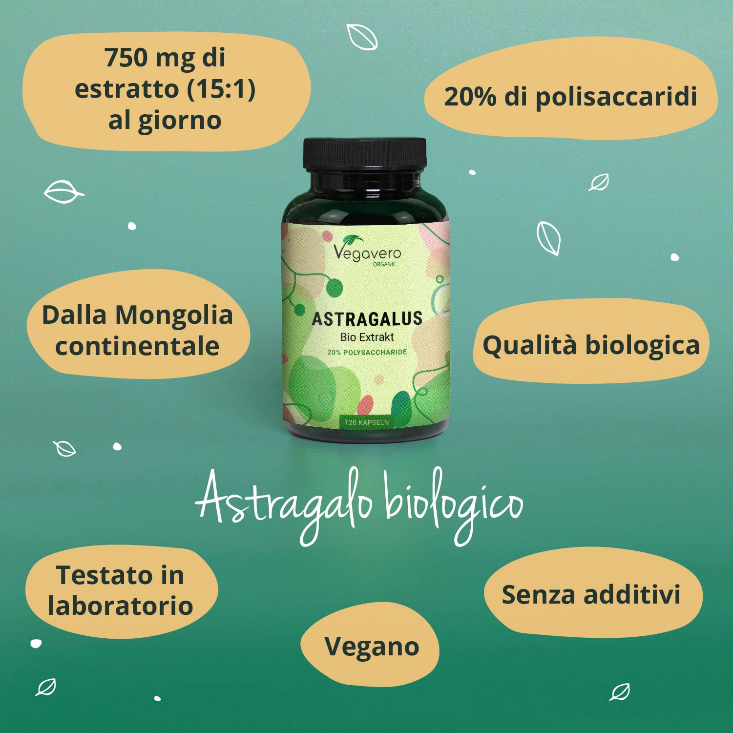 Flacone del prodotto con elementi testuali. Testo: 750 mg di estratto, 20% polisaccaridi, dalla Mongolia, qualità biologica, senza additivi, vegano.