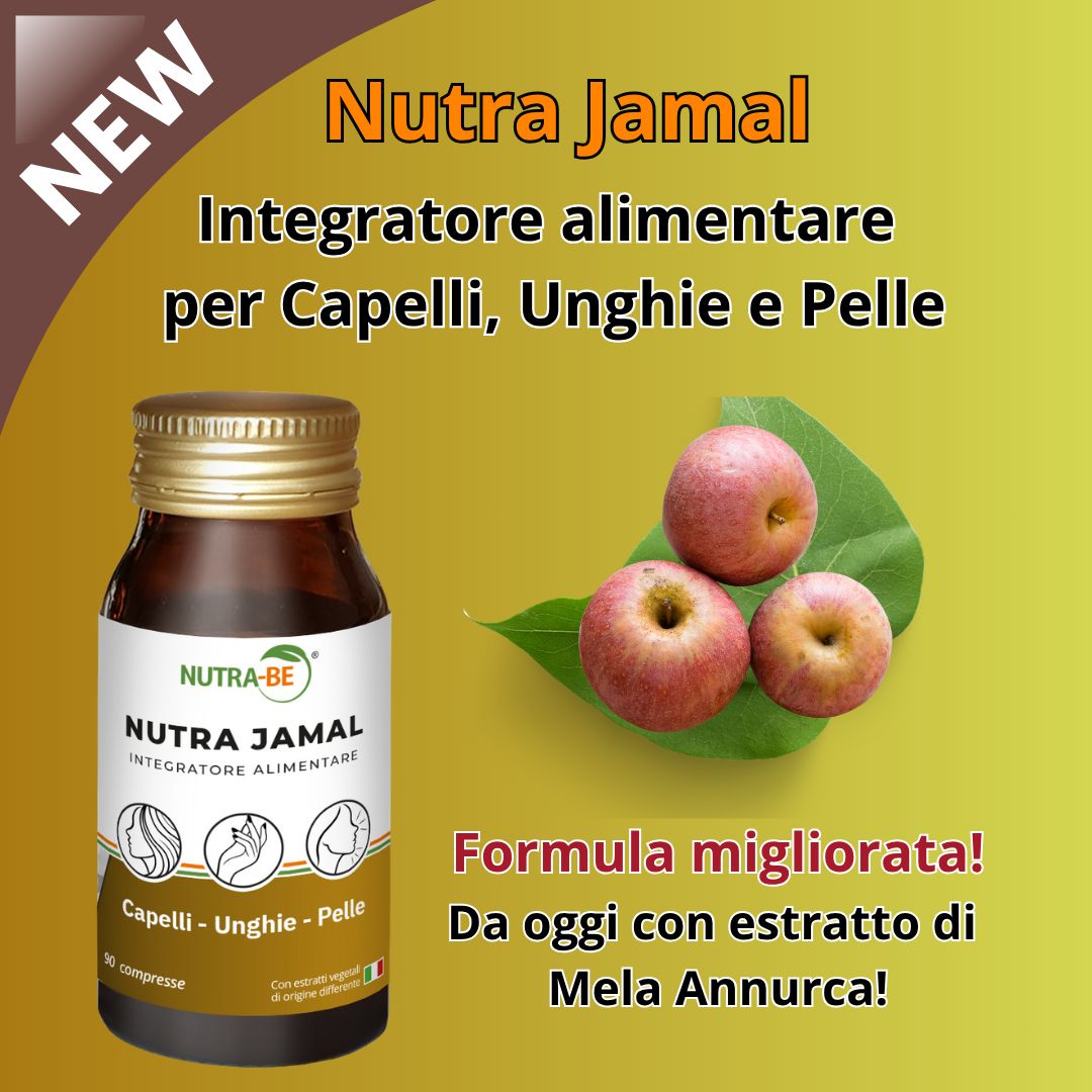 Flacone Nutra Jamal accanto a mele e una foglia. Testo: 'Nuovo', 'Formula migliorata'.