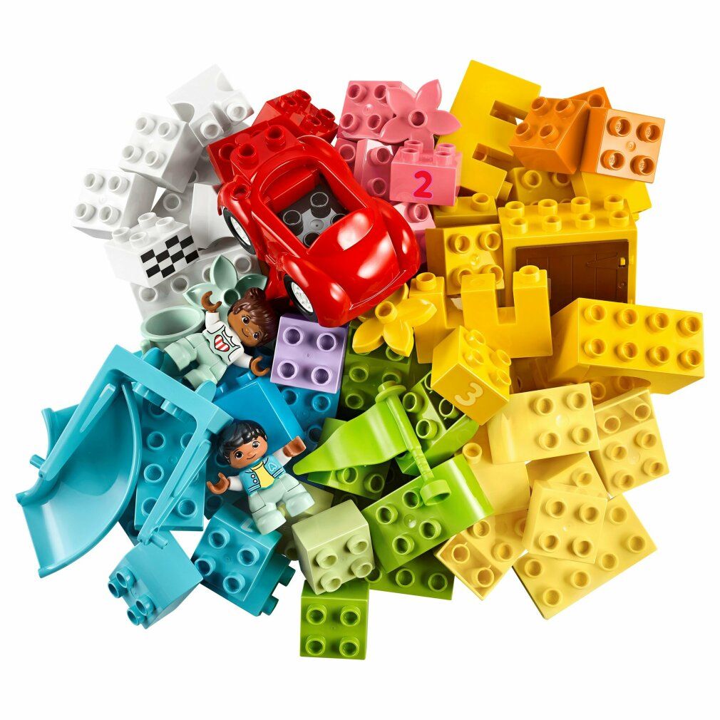 Mattoncini LEGO DUPLO colorati, personaggi e accessori. Include un'auto rossa, fiori, personaggi e mattoncini numerati.