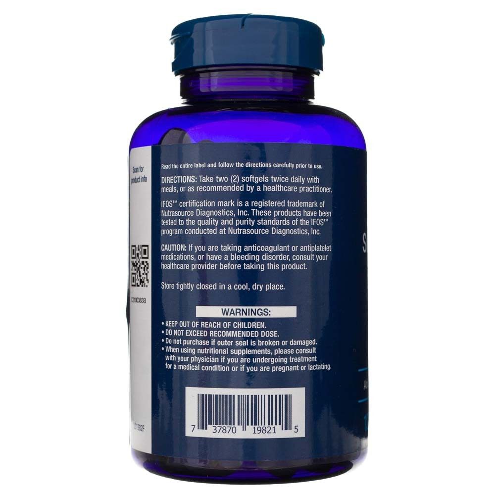 Retro di una bottiglia Life Extension Super Omega-3 con avvertenze e istruzioni.