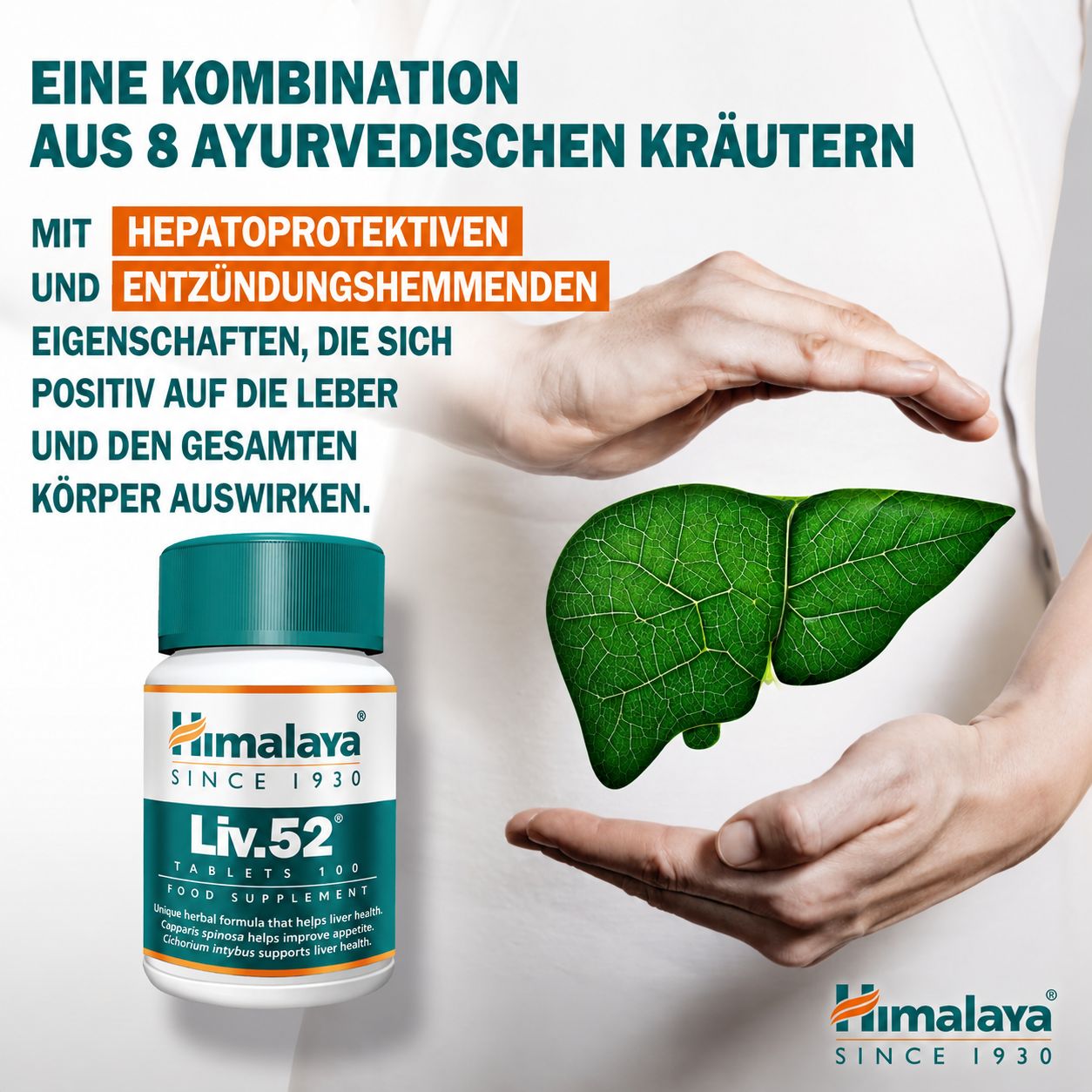 Himalaya Liv.52 Compresse: flacone e mani che circondano un fegato stilizzato.