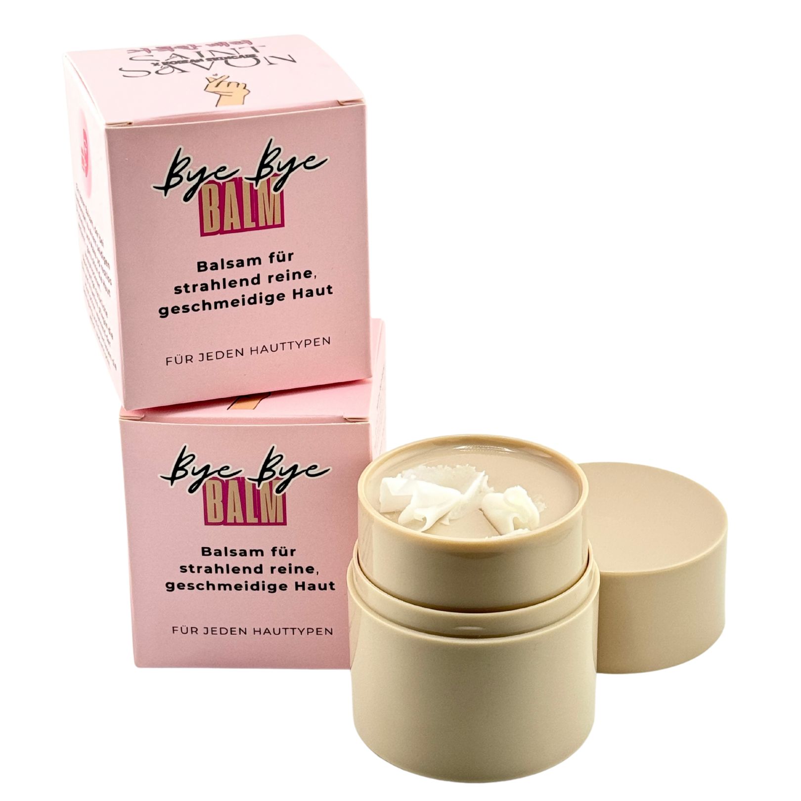 Balsamo beige in contenitore rotondo, contenuto bianco. Due scatole rosa con testo.