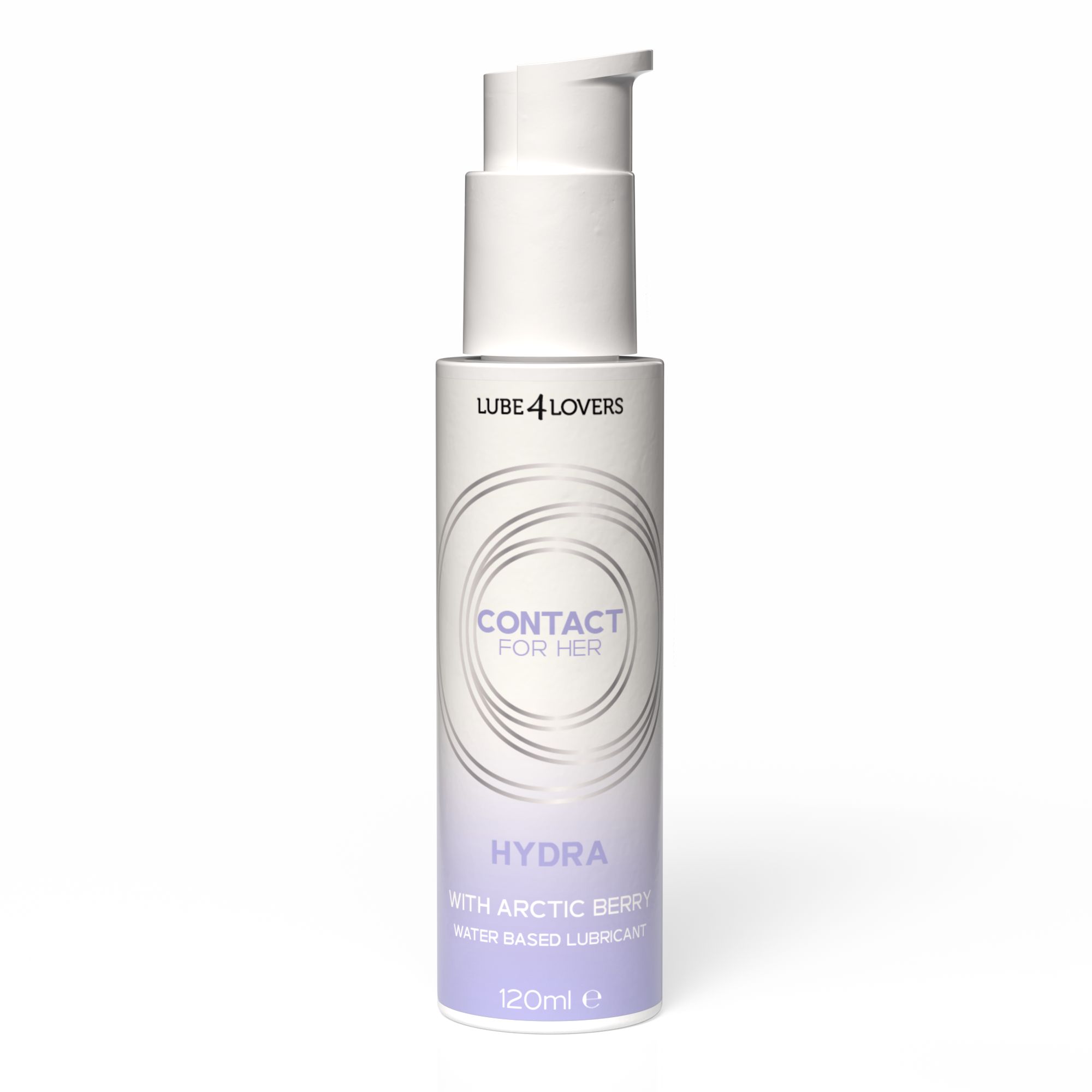 Flacone bianco con pompa. Scritta: CONTACT FOR HER, HYDRA, con Arctic Berry. 120ml.