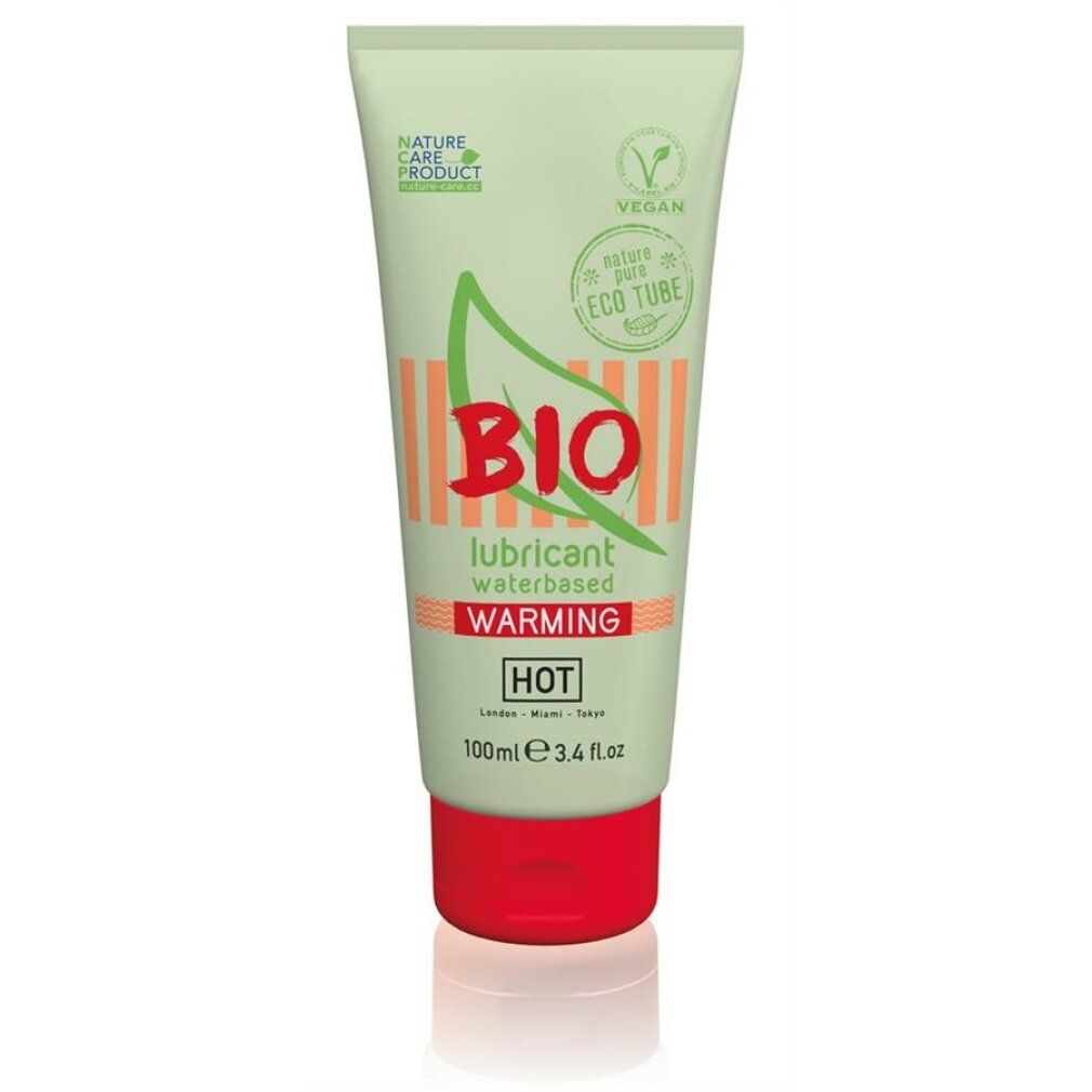 Tubo di BIO Lubricant Warming. Design verde e bianco, tappo rosso. Scritte: BIO, lubricant waterbased, Warming, HOT. Sigillo vegano.