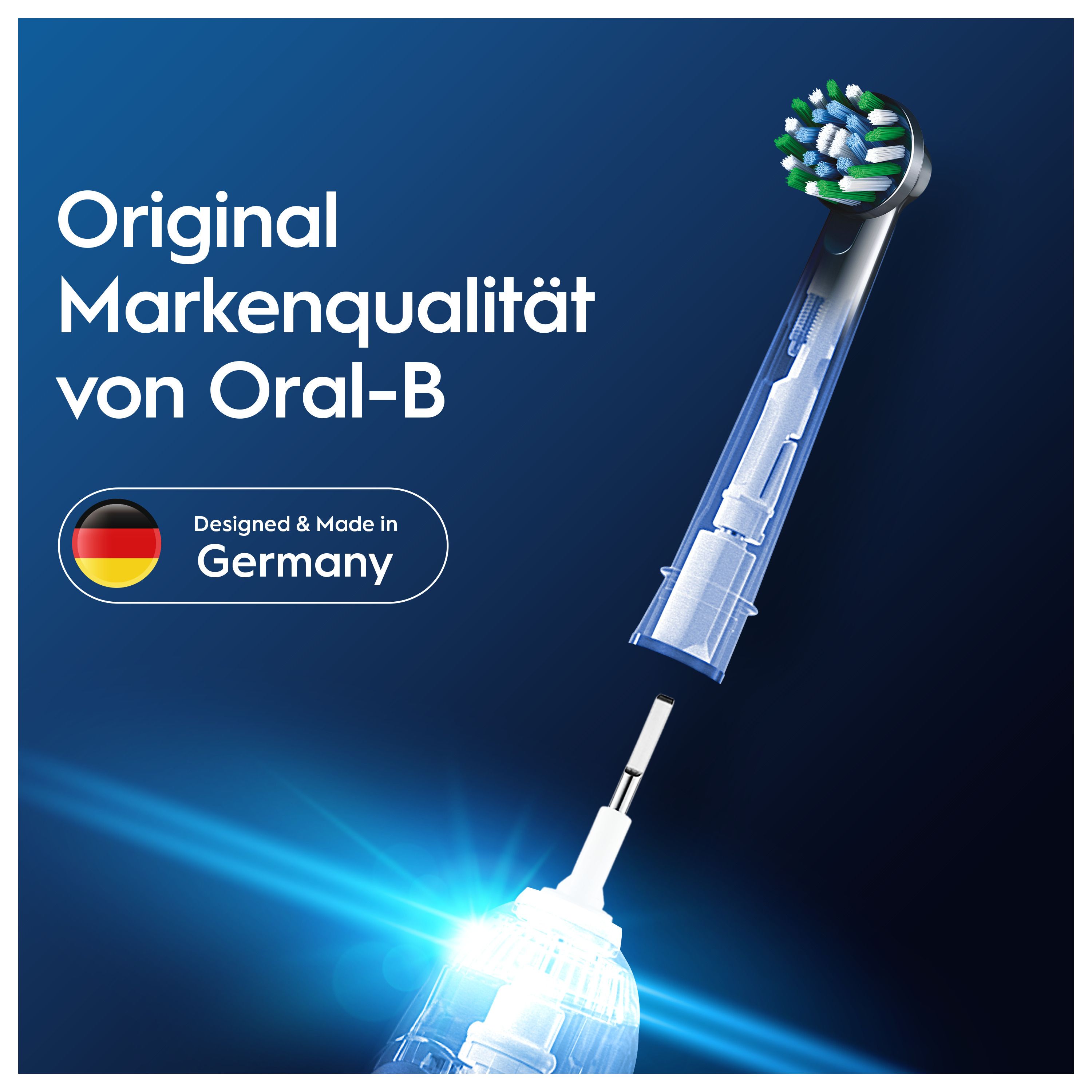 Testina con manico trasparente. Testo: Qualità originale del marchio Oral-B. Progettato e prodotto in Germania.