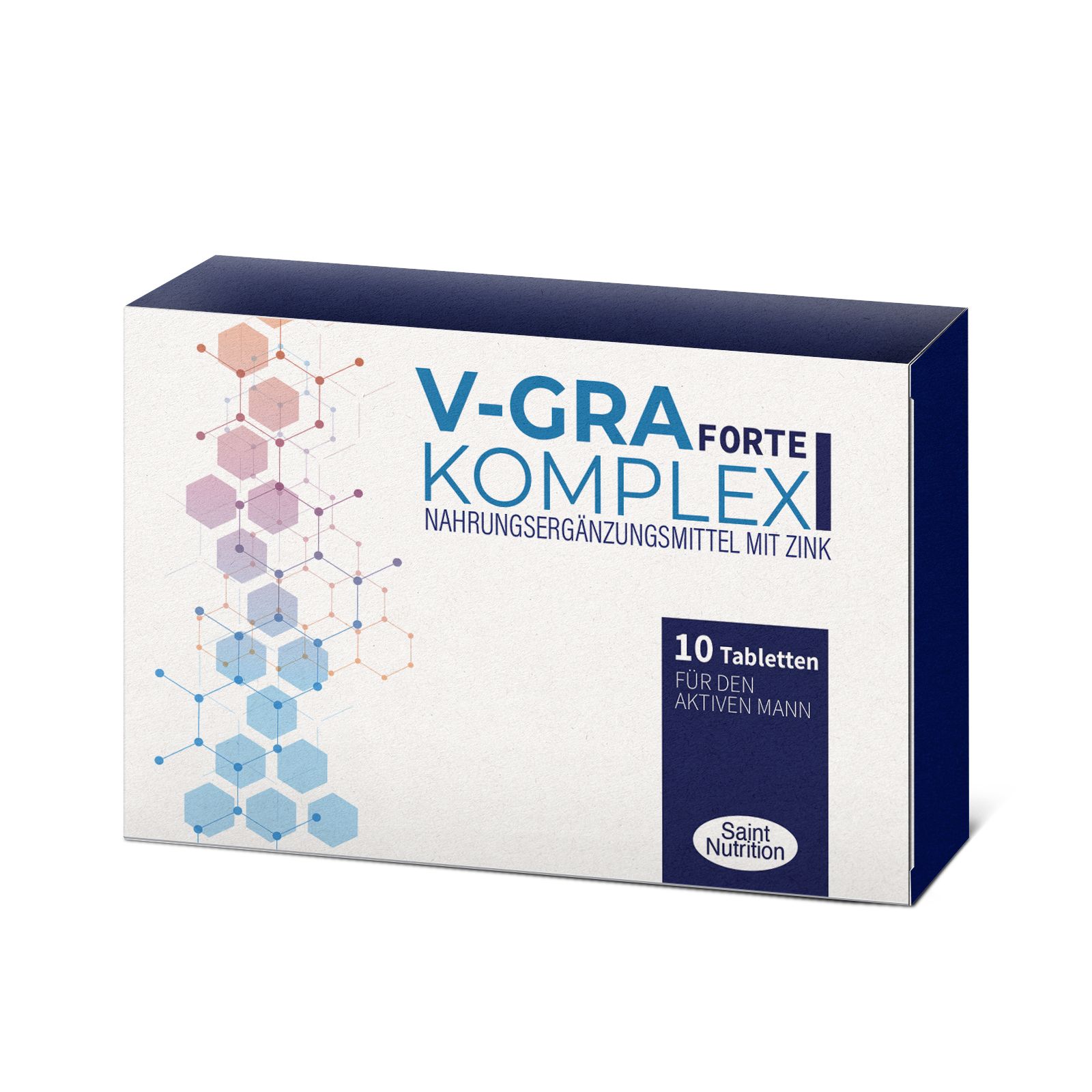 Scatola di V-GRA Forte Komplex. Contiene 10 compresse. Scritta: Per l'uomo attivo. Marchio: Saint Nutrition.