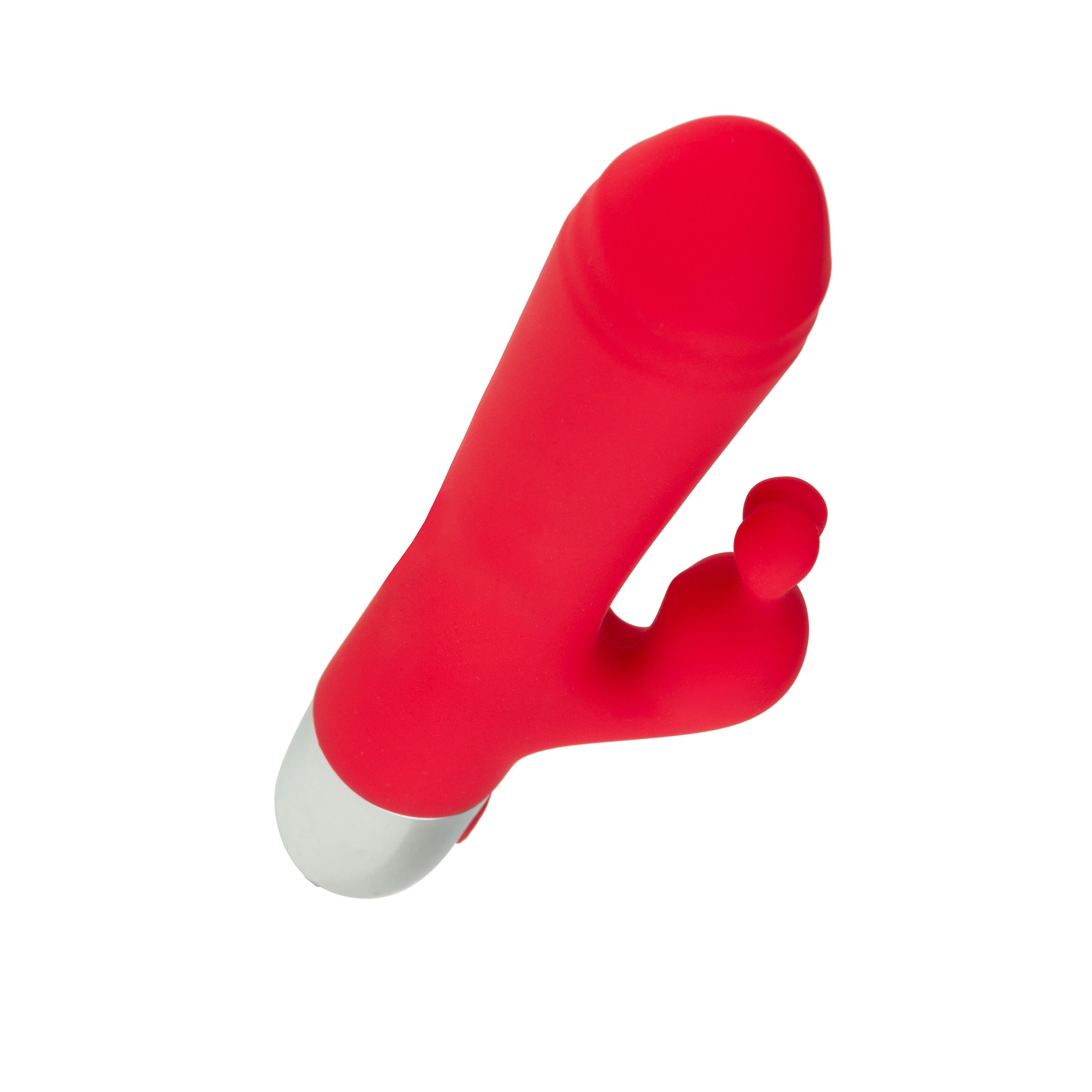 Vibratore rosso con punta curva ed estremità argentata. Un pulsante. In silicone.