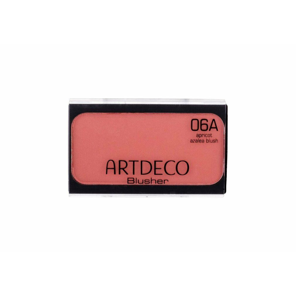 Artdeco Blusher 06A Apricot Azalea Blush. Fard in polvere compatto rosa rettangolare in contenitore nero. Marchio e nome della tonalità.