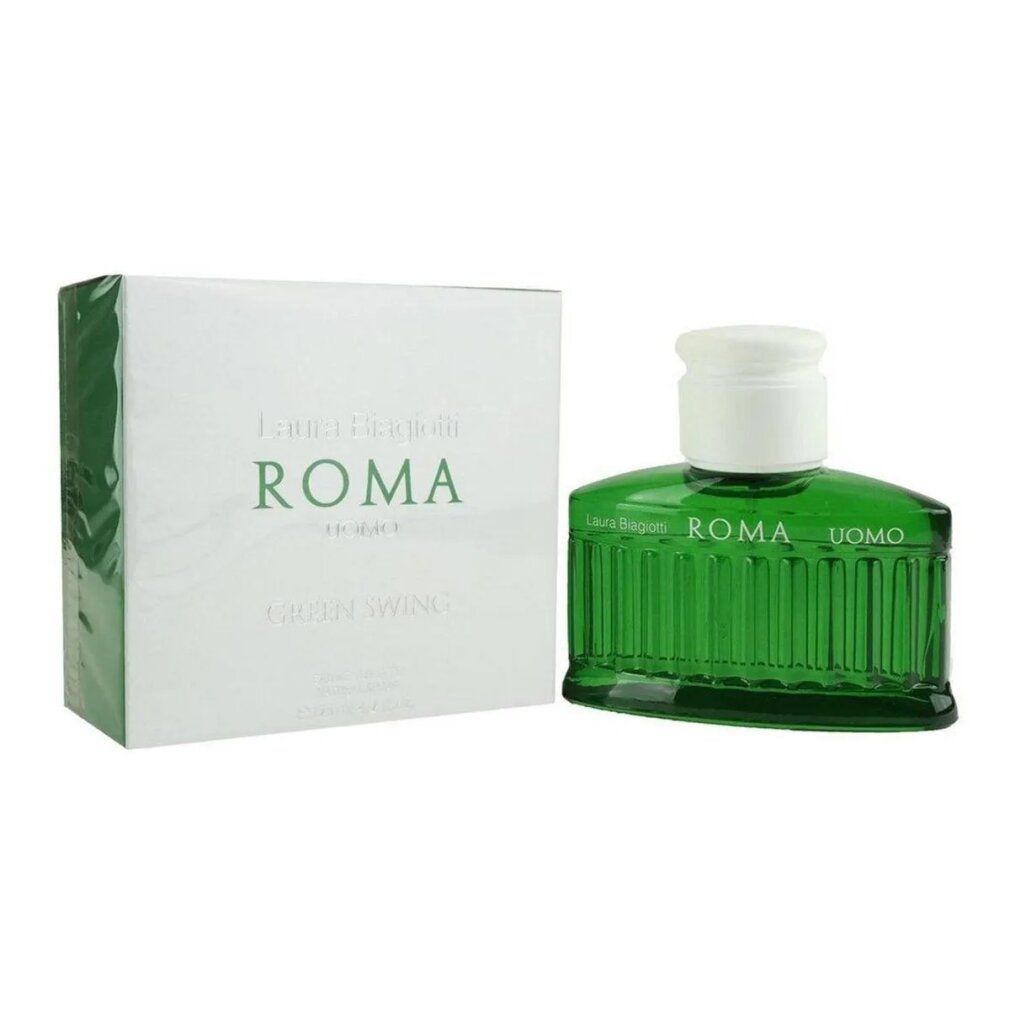 Flacone di Laura Biagiotti Green Swing Eau de Toilette accanto alla sua confezione.