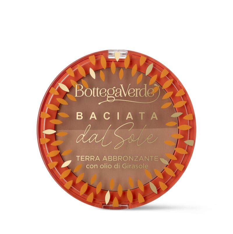 Bottega Verde Terra abbronzante rotonda, arancione. Scritta: Baciata dal Sole. Con olio di girasole.