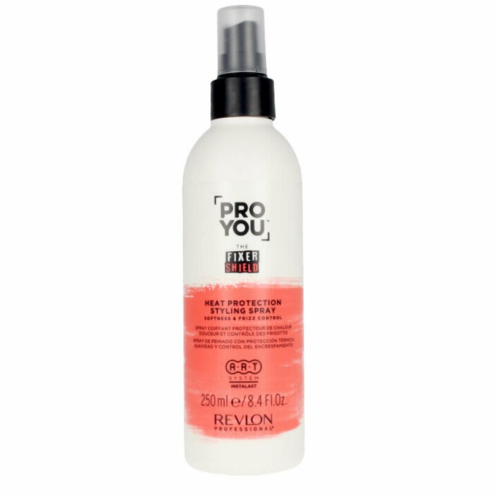 Spray bianco con erogatore nero. Striscia rossa con testo: Heat Protection Styling Spray. Marchio: Revlon Proyou.