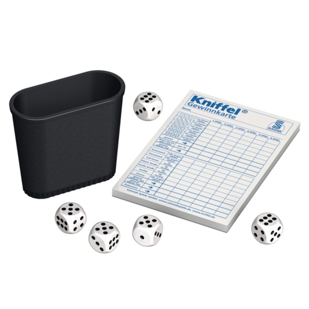 Accessori del gioco Kniffel: bicchiere, dadi e blocco note. Dadi con punti neri. Blocco note con griglia.