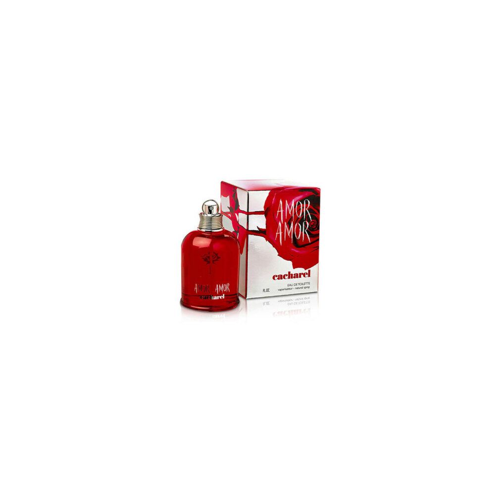 Flacone rosso e confezione. Scritta: AMOR AMOR, cacharel. Grafica rosa. Eau de Toilette.