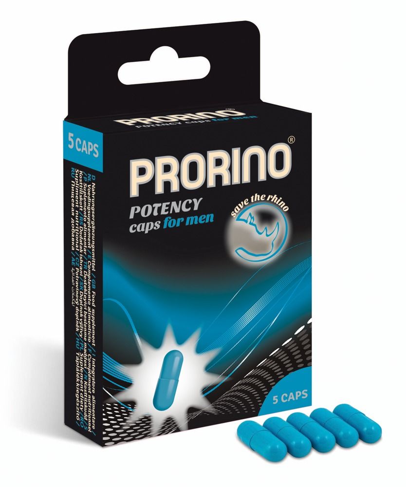 Prorino Potency Caps for men: Confezione da 5 capsule, 5 capsule blu accanto, logo del rinoceronte.