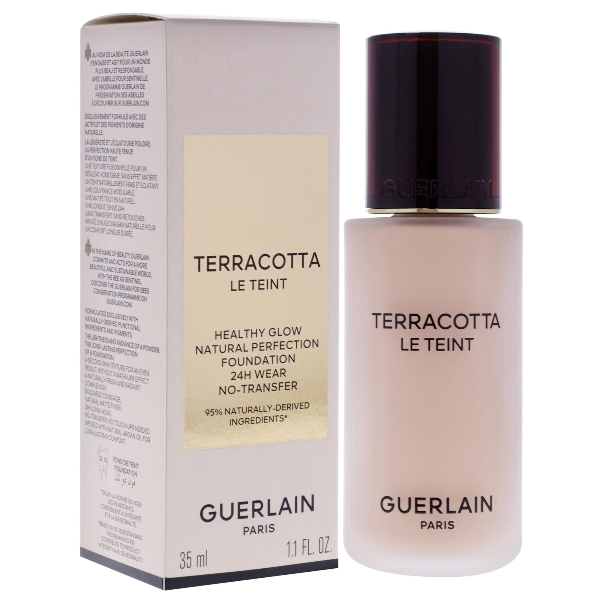 Fondotinta Guerlain Terracotta Le Teint. Flacone e confezione. 35 ml. 1.1 fl. oz. Scritta: Healthy Glow, 24H Wear, No-Transfer.
