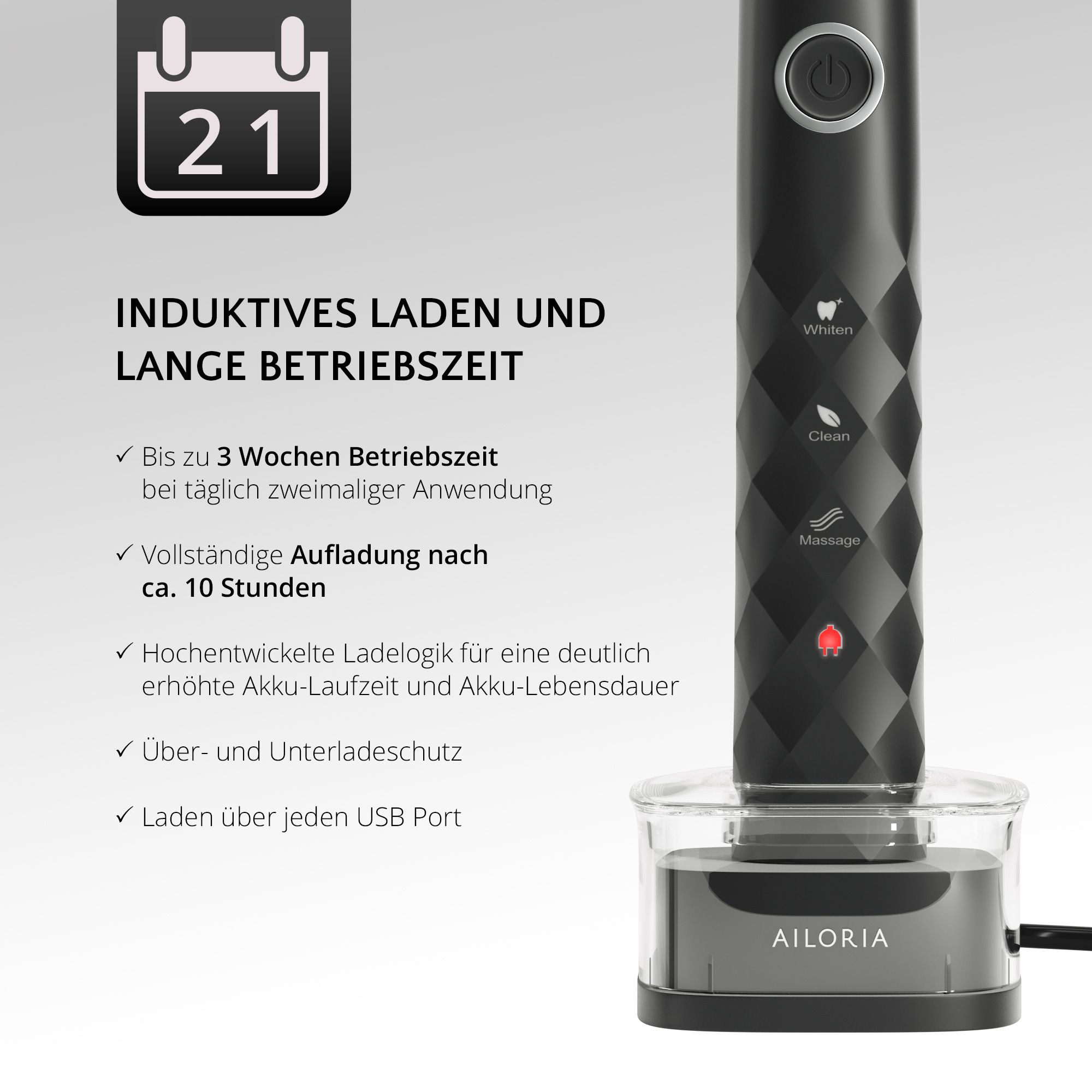 Spazzolino nero sulla stazione di ricarica. Testo: Ricarica a induzione e lunga durata. Fino a 3 settimane.