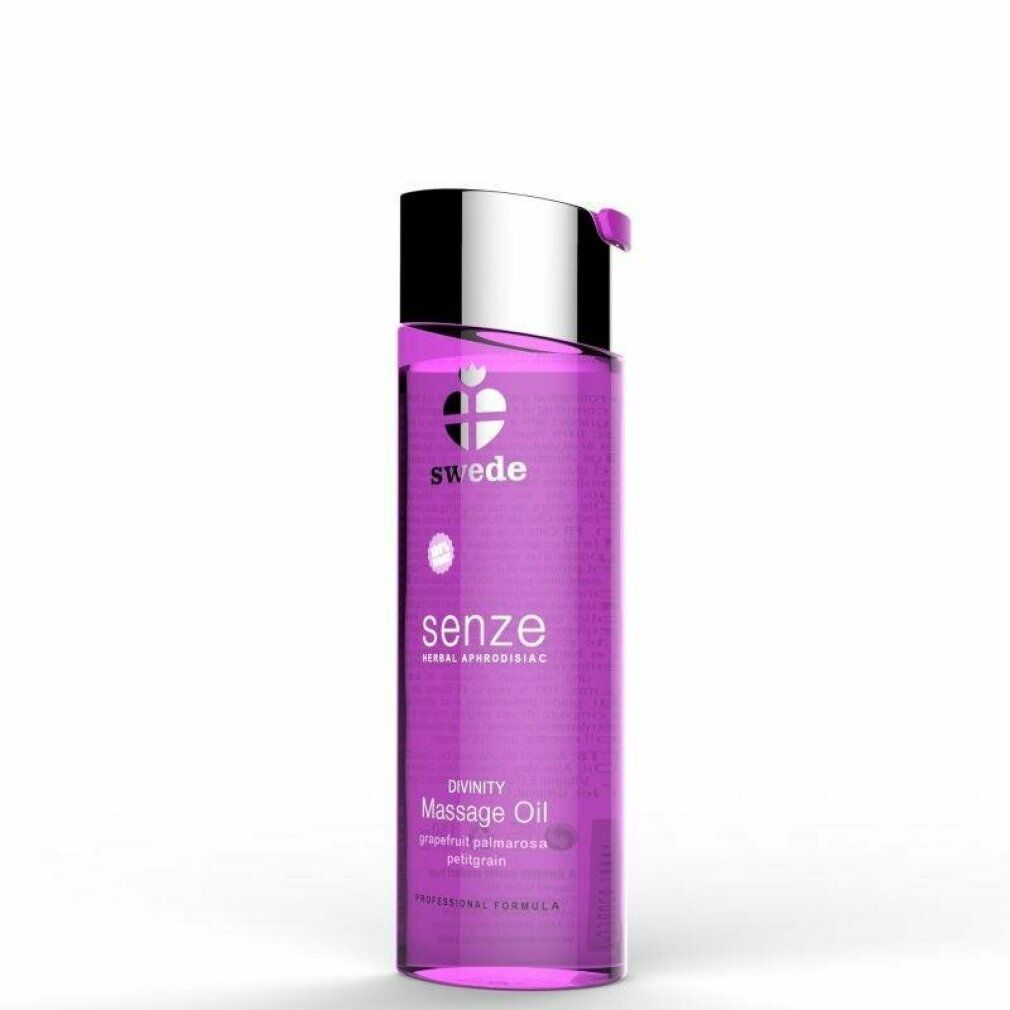 Flacone viola con tappo argentato. Scritte: Swede, Senze, Massage Oil. Ingredienti: Pompelmo, Palmarosa, Petitgrain.