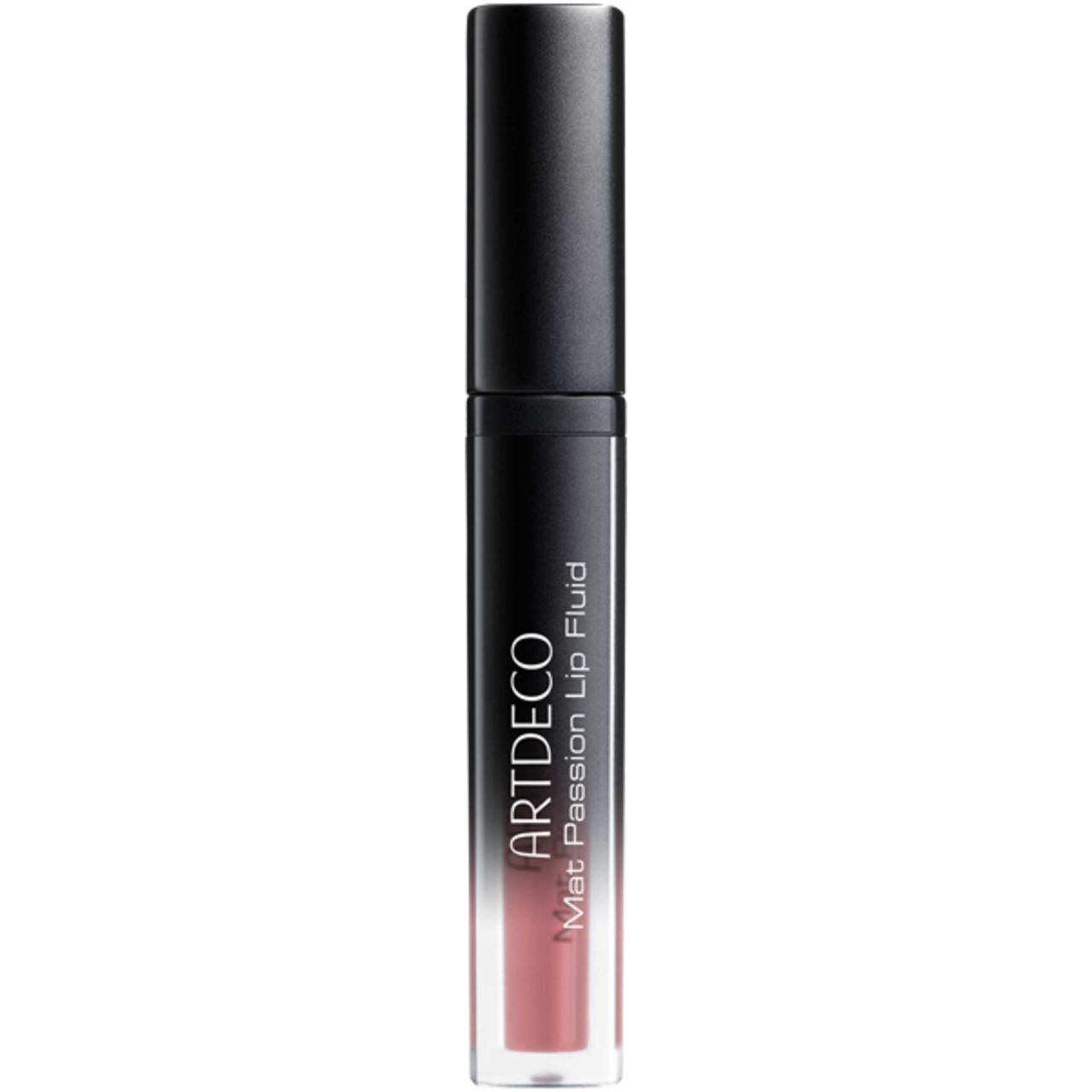 Artdeco Mat Passion Lip Fluid. Tubo nero con sfumatura rosa. Tappo nero. Vista del prodotto.