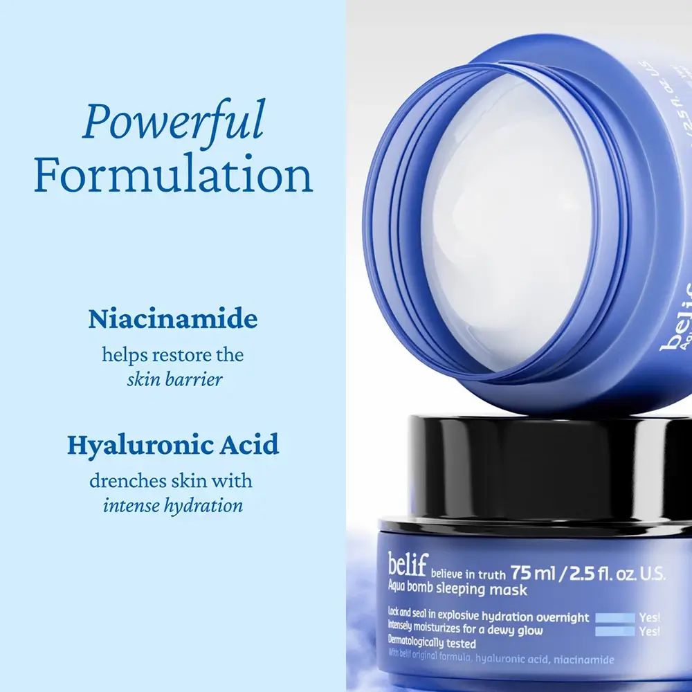 Vasetto di Belif Aqua Bomb Sleeping Mask con coperchio nero. Testo: Powerful Formulation, Niacinamide, Acido Ialuronico.