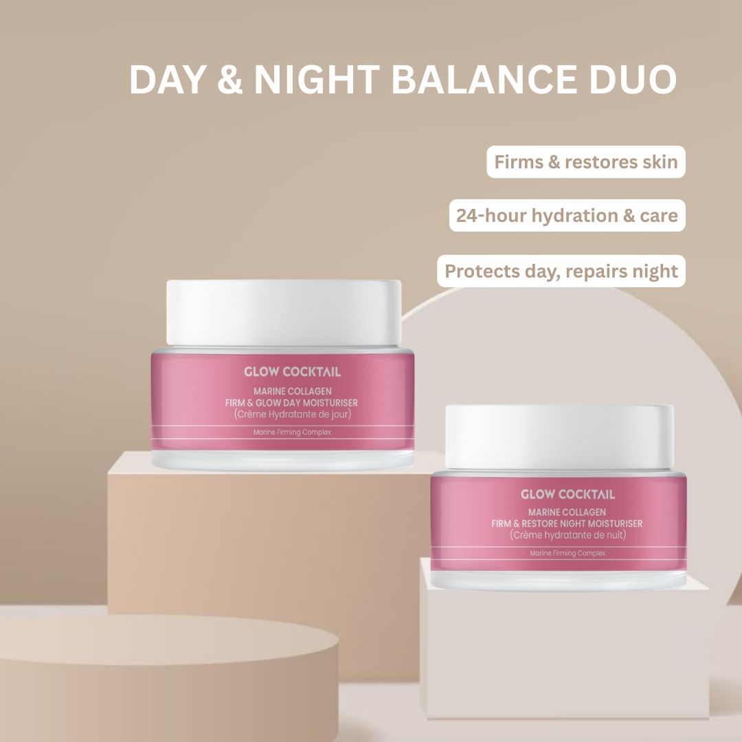 Due vasetti su piedistalli. Scritta: Glow Cocktail, Marine Collagen, Firm & Glow Day Moisturiser, Marine Firming Complex. Testo: Day & Night Balance Duo.