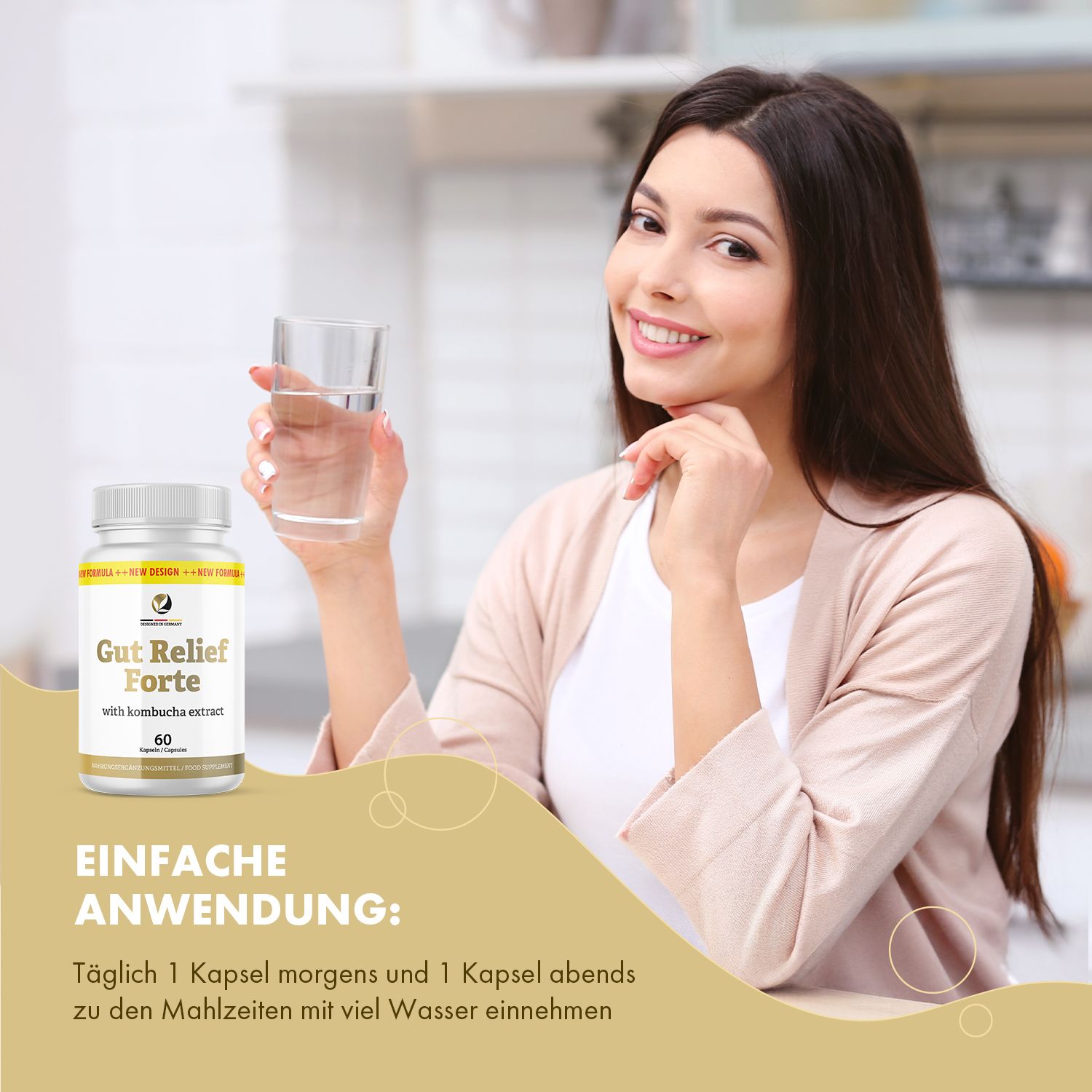 Donna tiene bicchiere d'acqua, accanto flacone capsule "Gut Relief Forte". Testo: Uso facile: 1 capsula mattina e sera con molta acqua.
