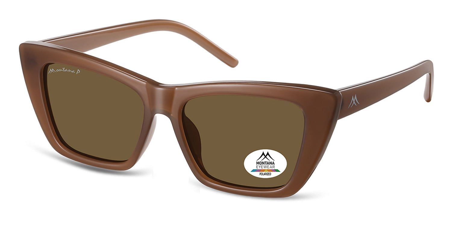 Occhiali da sole marroni, vista angolata. Logo Montana Eyewear sull'asta. Adesivo Polarized sulla lente.