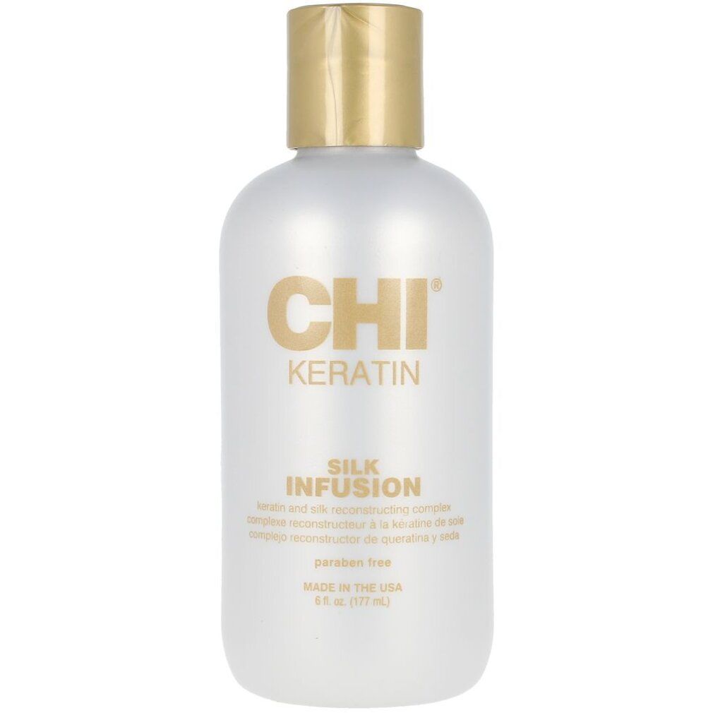 Flacone con tappo dorato. Scritta CHI Keratin Silk Infusion. 177 ml.