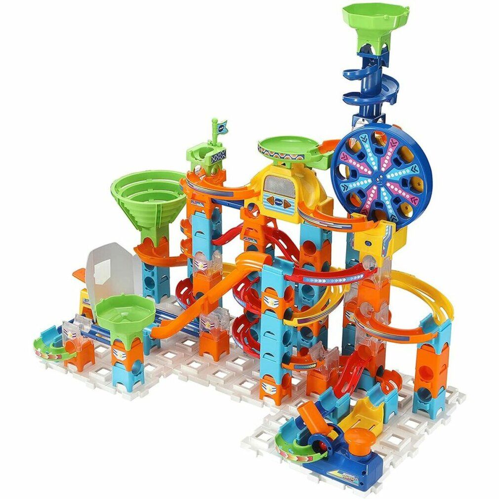 Set di costruzione multicolore per piste di biglie con spirali, imbuti e ruota. Certificazione STEAM.