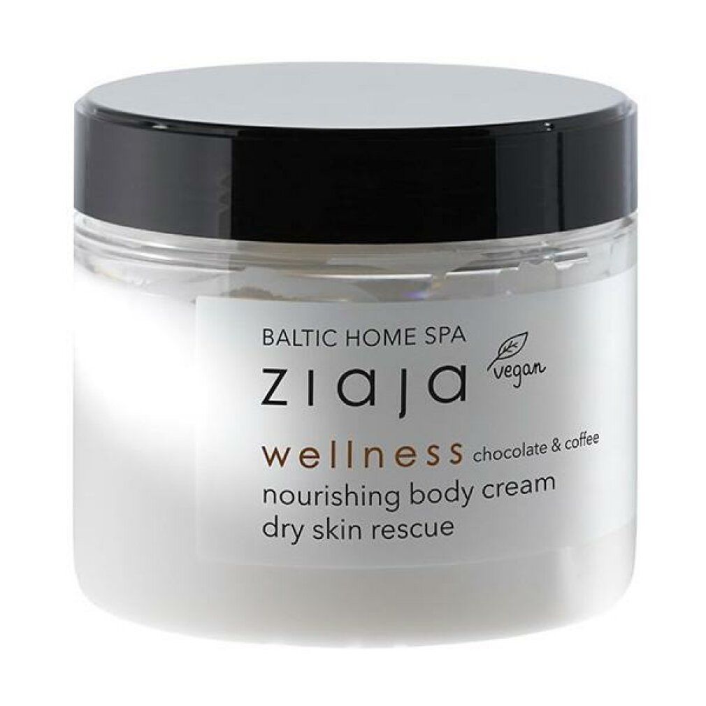 Crema Ziaja Baltic Home Spa Wellness. Vasetto in vetro con coperchio nero. Scritta: wellness chocolate & coffee, vegan.