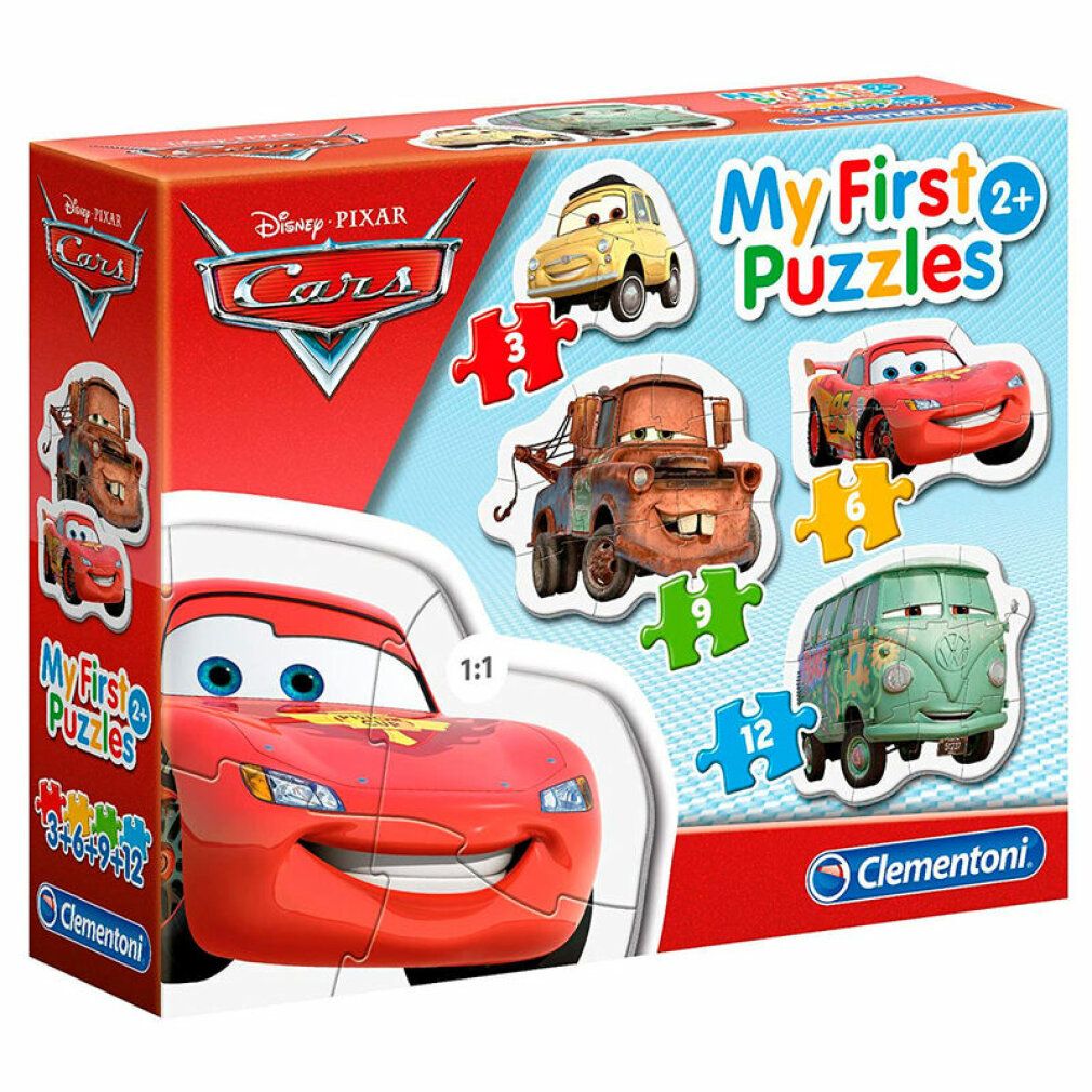 Scatola puzzle Clementoni con 4 puzzle. Ogni puzzle raffigura un'auto del film Cars. Puzzle da 3, 6, 9 e 12 pezzi.